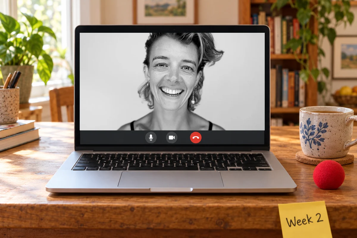 Ellie J, Clown Daddy, smiling on a Zoom call on a laptop at a sunny kitchen table, a red clown nose beside it